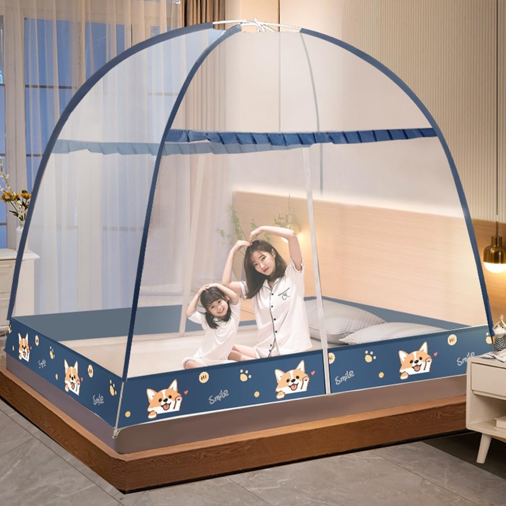 Pop-Up Mosquito Net Tent for Beds Portable Folding Canopy with Net Bottom, Fits Twin to King Size 79x71x59inch, Easy Install Wash for Baby Adults, Indoor Outdoor Use (Navy Blue-Queen Bed)