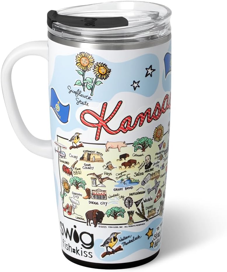 Swig Life 22oz Travel Mug, Insulated Tumbler with Handle and Lid, Travel Coffee Mug, Cup Holder Friendly, Stainless Steel 22 oz Tumbler, Reusable Insulated with Lid (Kansas)