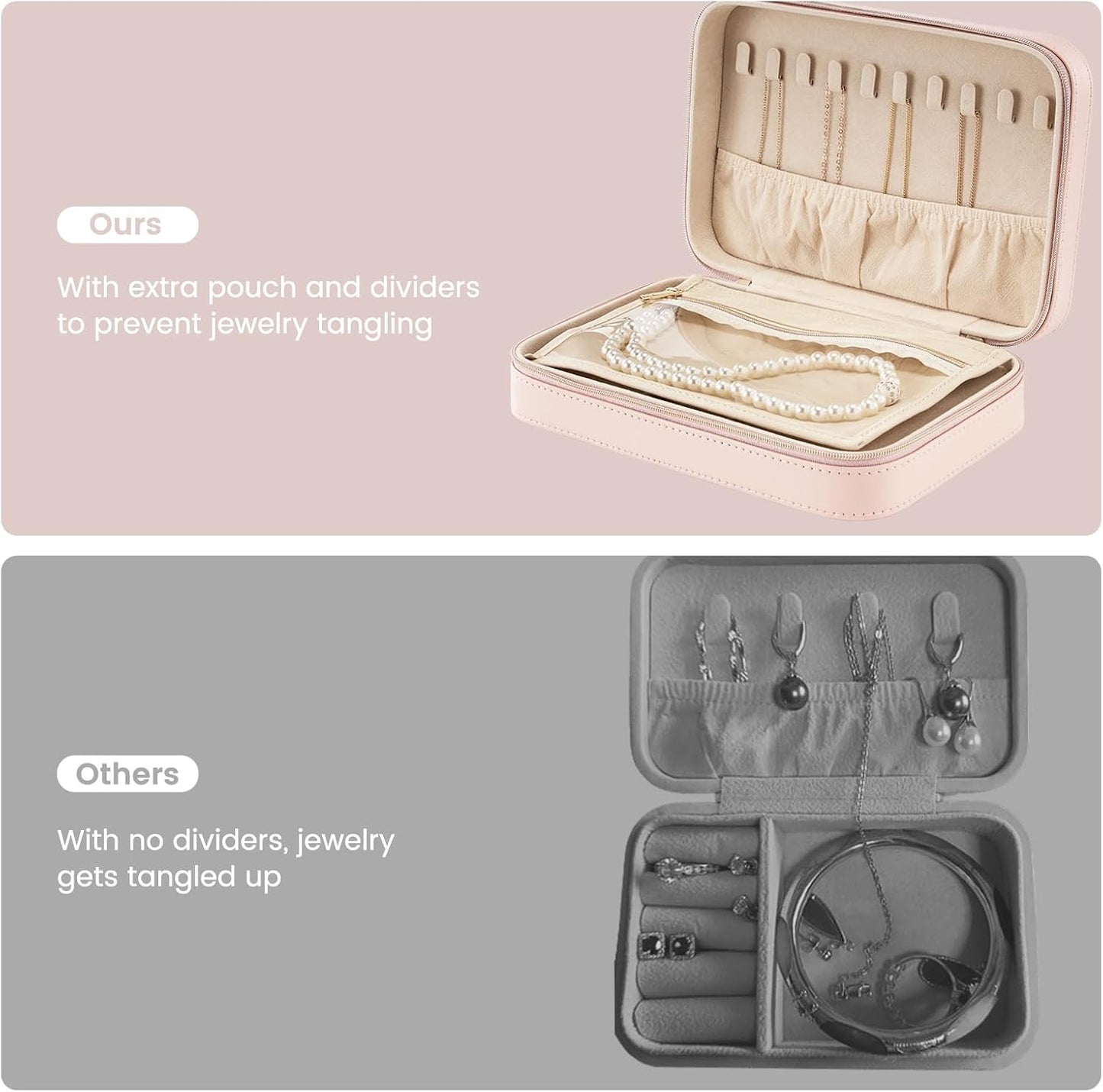 Lolalet Travel Jewelry Case for Women Girls, Travel Jewelry Organizer Box with Mirror & Clear Storage Bag, Small Portable Earring Necklace Bracelet Ring Case, Birthday Christmas Gifts -Medium, Pink