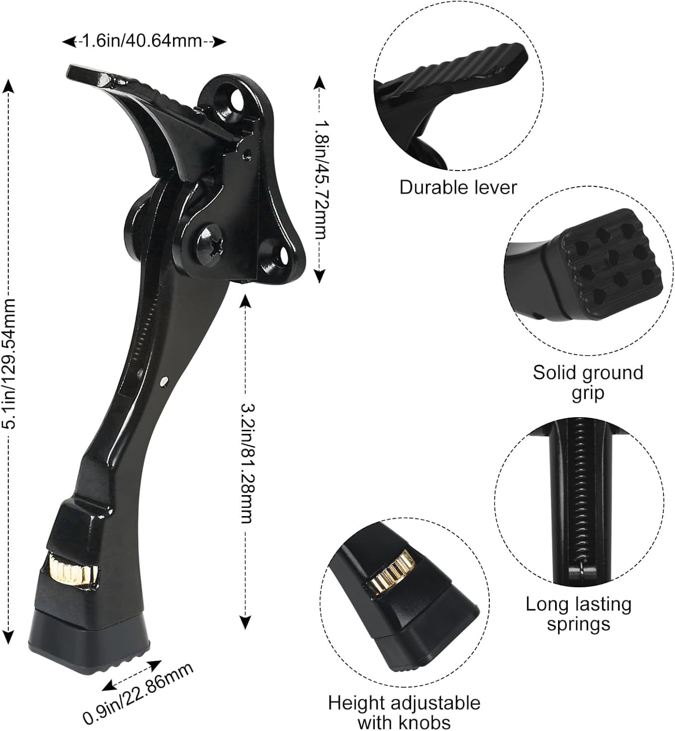 6 Packs Black Door Stops, Heavy Duty Kickdown Door Stopper, One Touch Adjustable Kickdown Door Stop for Heavy Doors, 4 in Metal Door Kickstand with Rubber Tip & Wall Protectors for Wide Doors