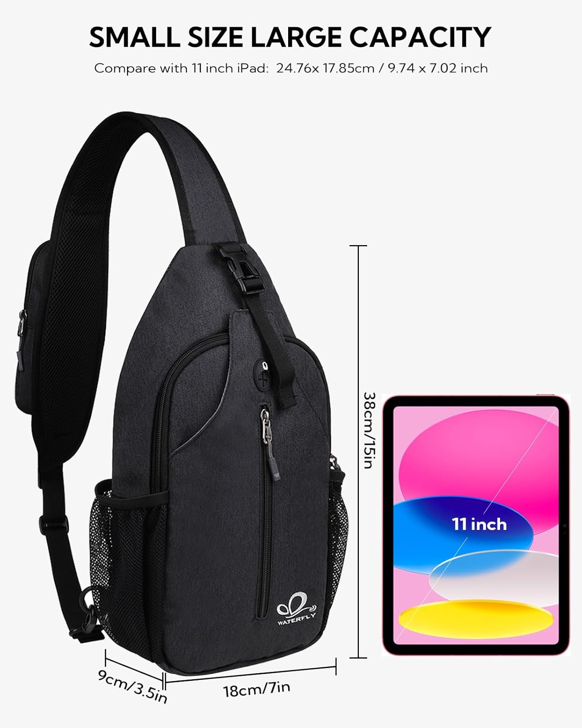 WATERFLY Crossbody Sling Backpack Sling Bag Travel Hiking Chest Bag Daypack