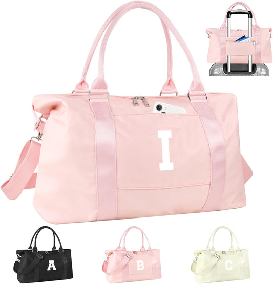 Initial Travel Duffel Bag Sports Gym Bag for Girls Teen Birthday Gifts,Pink Personalized Weekender Bag Carry On Tote Bags for Women Men,Waterproof Overnight Luggage Bag with Trolley Sleeve(Letter I)