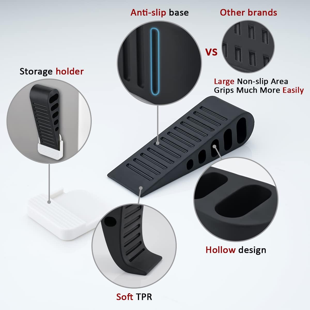 JQK Rubber Door Stopper Wedge, Black 6 Pack Soft TPR Premium Door Stops for Bottom of Heavy Duty Door on Tile, Concrete, Carpet, Wooden Floor, DSB61-BK-P6