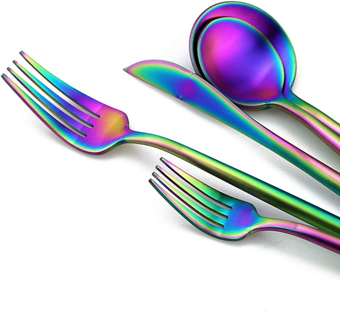 Matte Rainbow Silverware, Gugrida 5-Piece 18/10 Stainless Steel Flatware Set, Satin Finish Kitchen Utensils, Tableware Travel Cutlery for Camping, Office or School Lunch, Dishwasher Safe