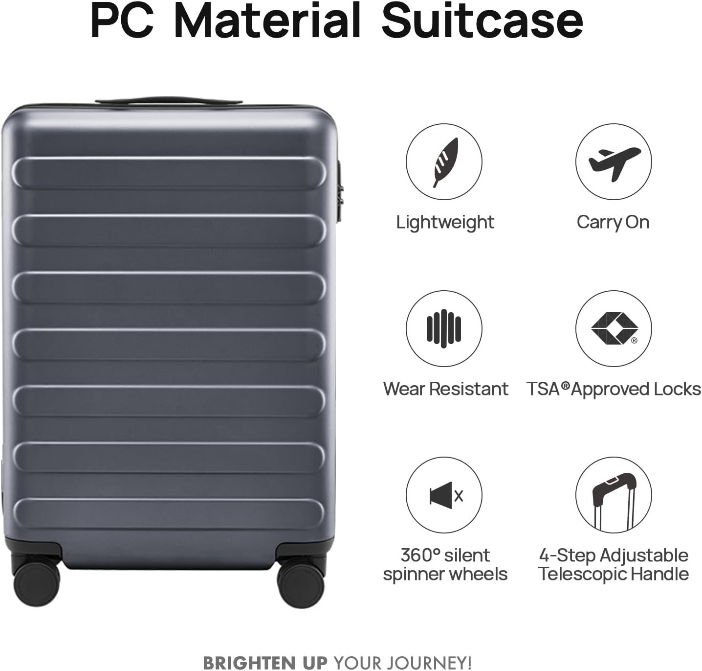 NINETYGO Carry On Luggage 22x14x9 Airline Approved, 20 Inch Luggage with Smooth Spinner Wheels, Lightweight, Hard Shell PC Suitcase Carry-On, Travel Luggage, TSA Approved (Grey, Rhine Basic)
