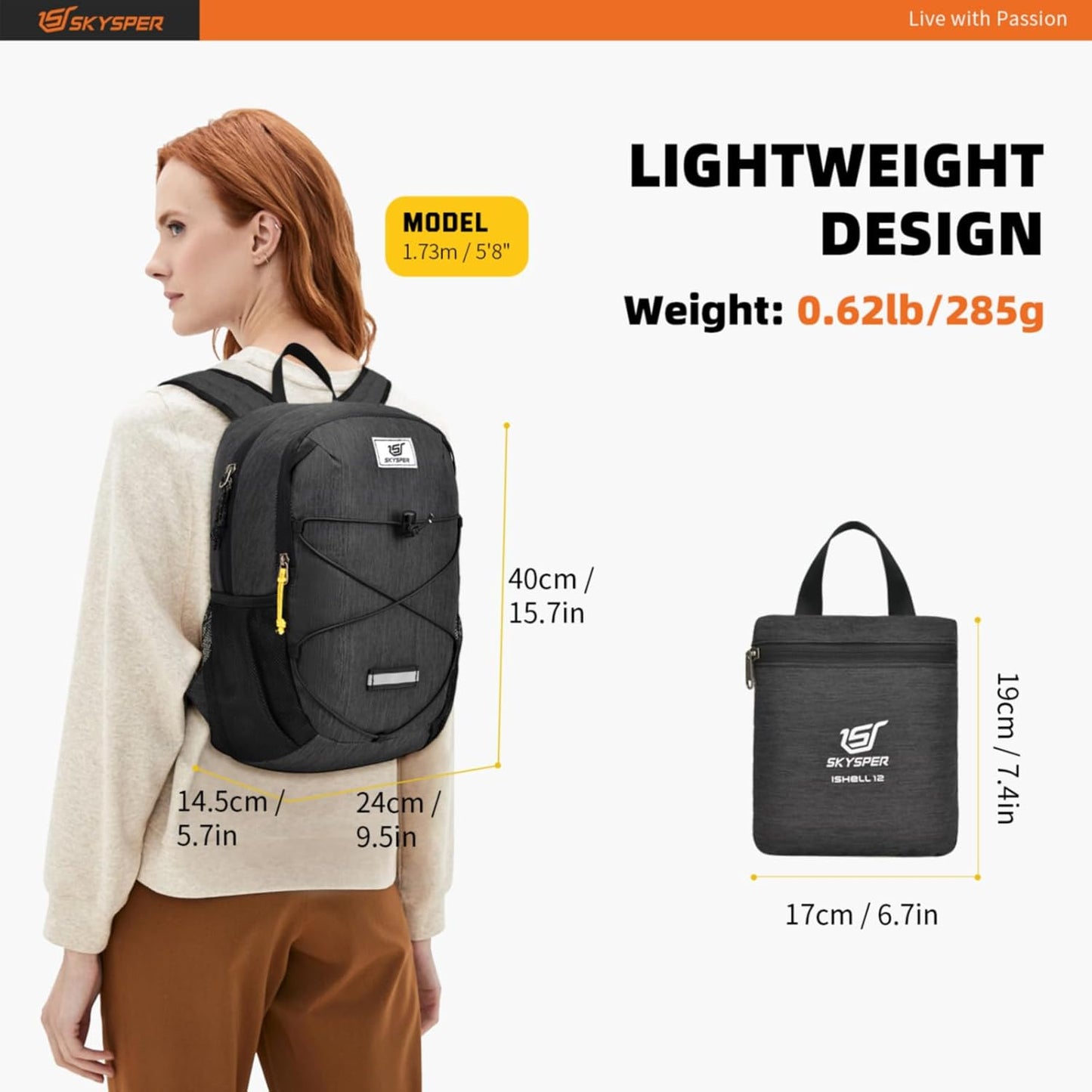 SKYSPER Small Hiking Backpack -12L Lightweight Packable Daypack for Travel Foldable Tear Resistant Backpacks for Women Men