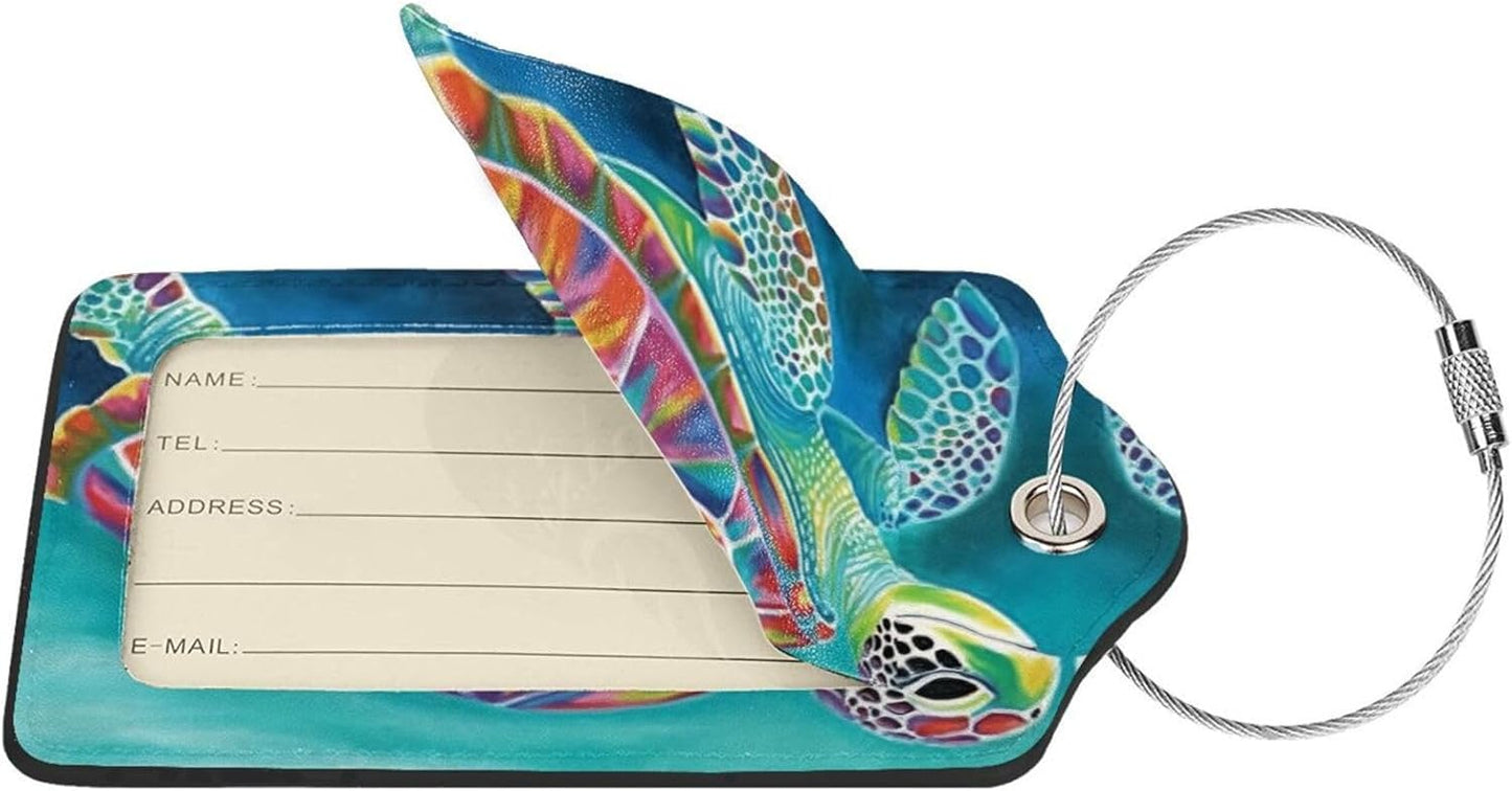 Sea Turtle Leather Luggage Tag with Stainless Steel Ring, Fun Name Id Card Cover Travel Bag Tag Set, Suitable for Travel Bag Luggage Women Men 1 PCS