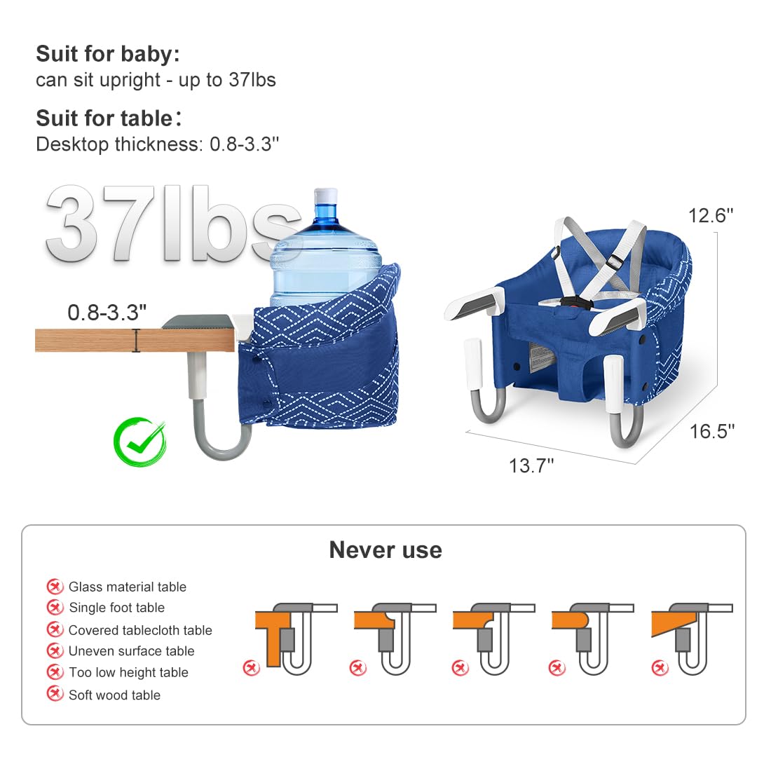 MTWML Hook On High Chair with Tray,Portable Baby High Chair That Attaches to Table,Clip On Fast Table High Chair for Babies and Toddlers.Baby Feeding Seat for Dining Table and Counter (Stripe-Blue)