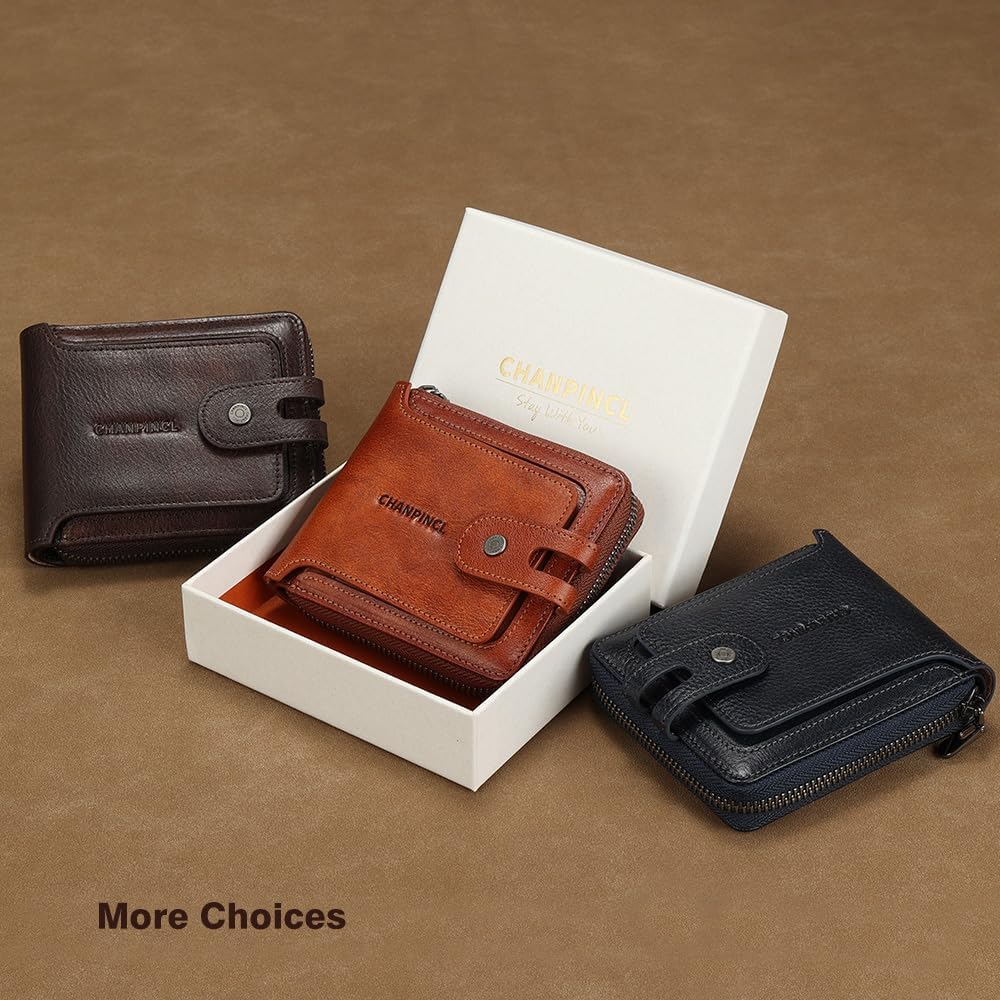 Men's brand buckle driver's license zipper genuine leather wallet, large capacity, multifunctional coin pocket (Coffee)