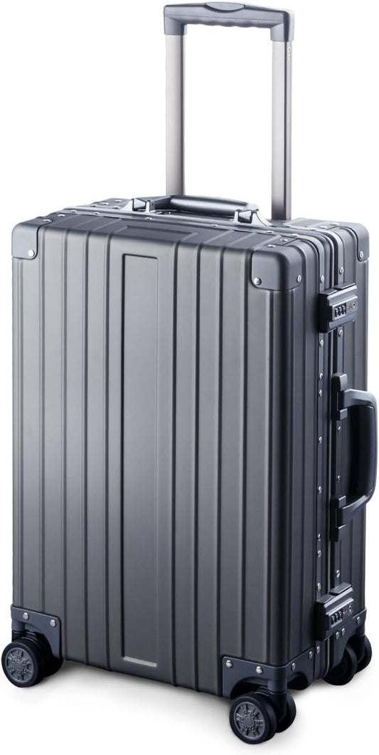 TRAVELKING All Aluminum Carry On Luggage Zipperless Hard Shell Luggage Case with TSA Lock Spinner Alloy Metal Suitcase (Grey, 20")