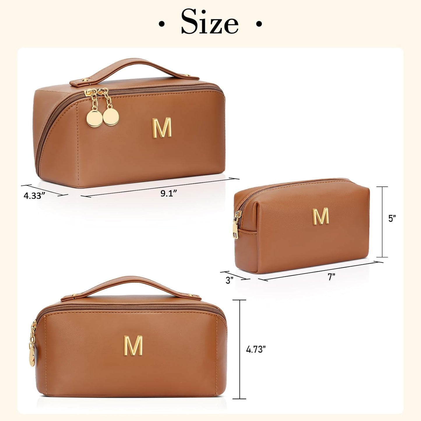 Birthday Gifts for Women Teen Girl, Personalized Initial Makeup Organizer Bag Set, Open Flat Travel Cosmetic Bag With Clear Divider and Handle(Brown,M)