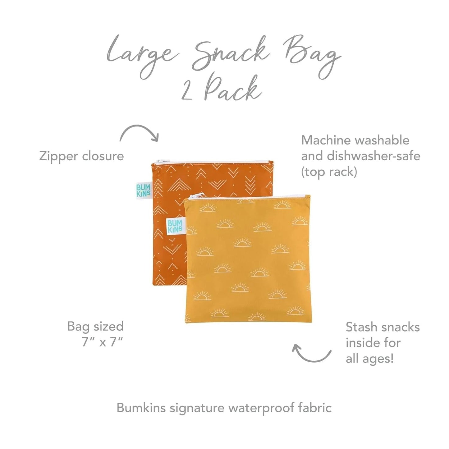 Bumkins Reusable Sandwich and Snack Bags, for Kids School Lunch and for Adults Portion, Washable Fabric, Waterproof Cloth Zip Bag, Travel Pouch, Food-Safe Storage, Large 2-pk Desert Boho