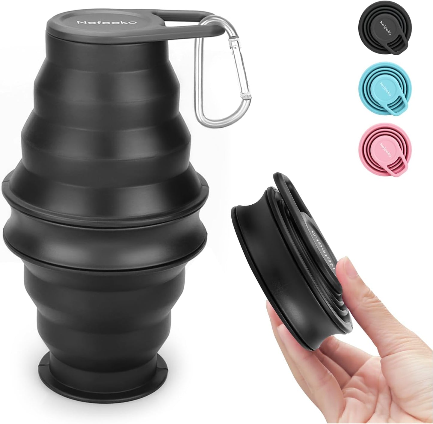 Nefeeko Collapsible Water Bottle,17oz(500ml) Reuseable BPA Free Silicone Foldable Water Bottles for Travel Gym Camping Hiking, Portable Leak Proof Sports Water Bottle with Carabiner