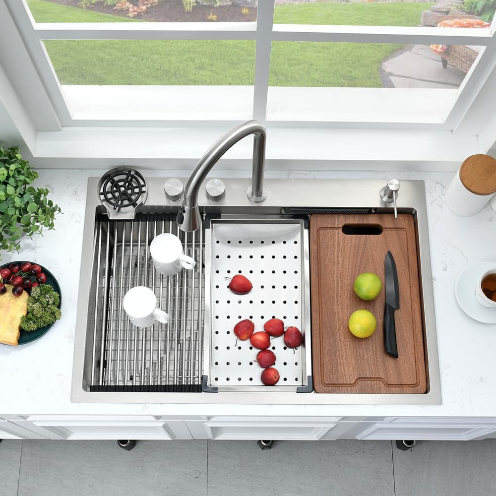 33 Inch Waterfall Drop In Kitchen Sink with Fuacet Combo-Bokaiya 33x22 Waterfall Kitchen Sink with Cup Washer Stainess Steel Top Mount 16 Gauge Multifunctional Deep Single Bowl Modern Kitchen Sinks