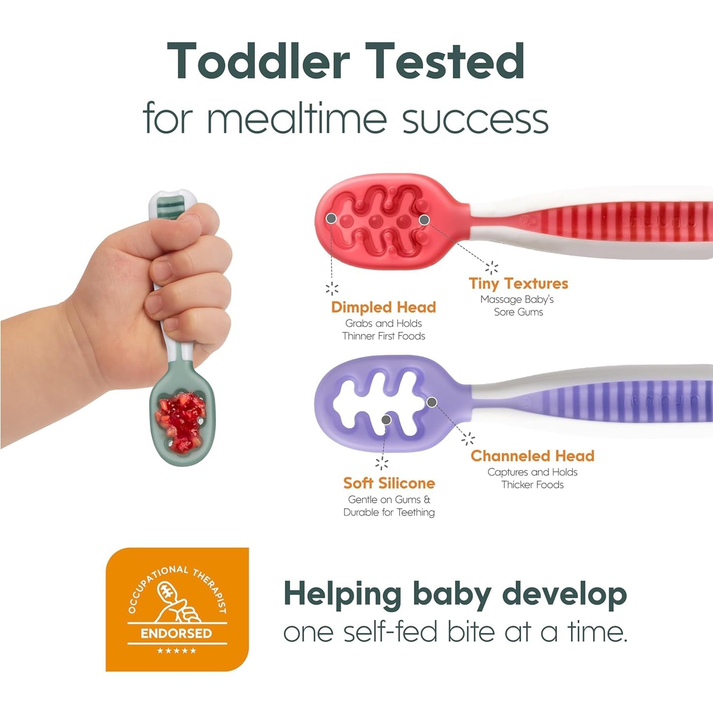NumNum Baby Spoons Set, Baby Essentials Pre-Spoon GOOtensils for 6+ Months, First Stage Self-Feeding Spoons for Baby Led Weaning (BLW), Silicone Toddler Utensils, BPA-Free, 2 Pack Blue/Orange