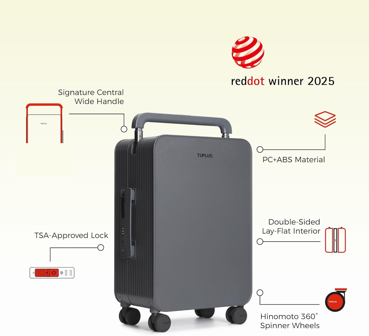 TUPLUS 20” Carry-On Hardside Luggage Lightweight ABS Travel Suitcase with Wide Handle Spinner Wheels TSA Combination Lock, Balance Series 2.0,Stone Grey