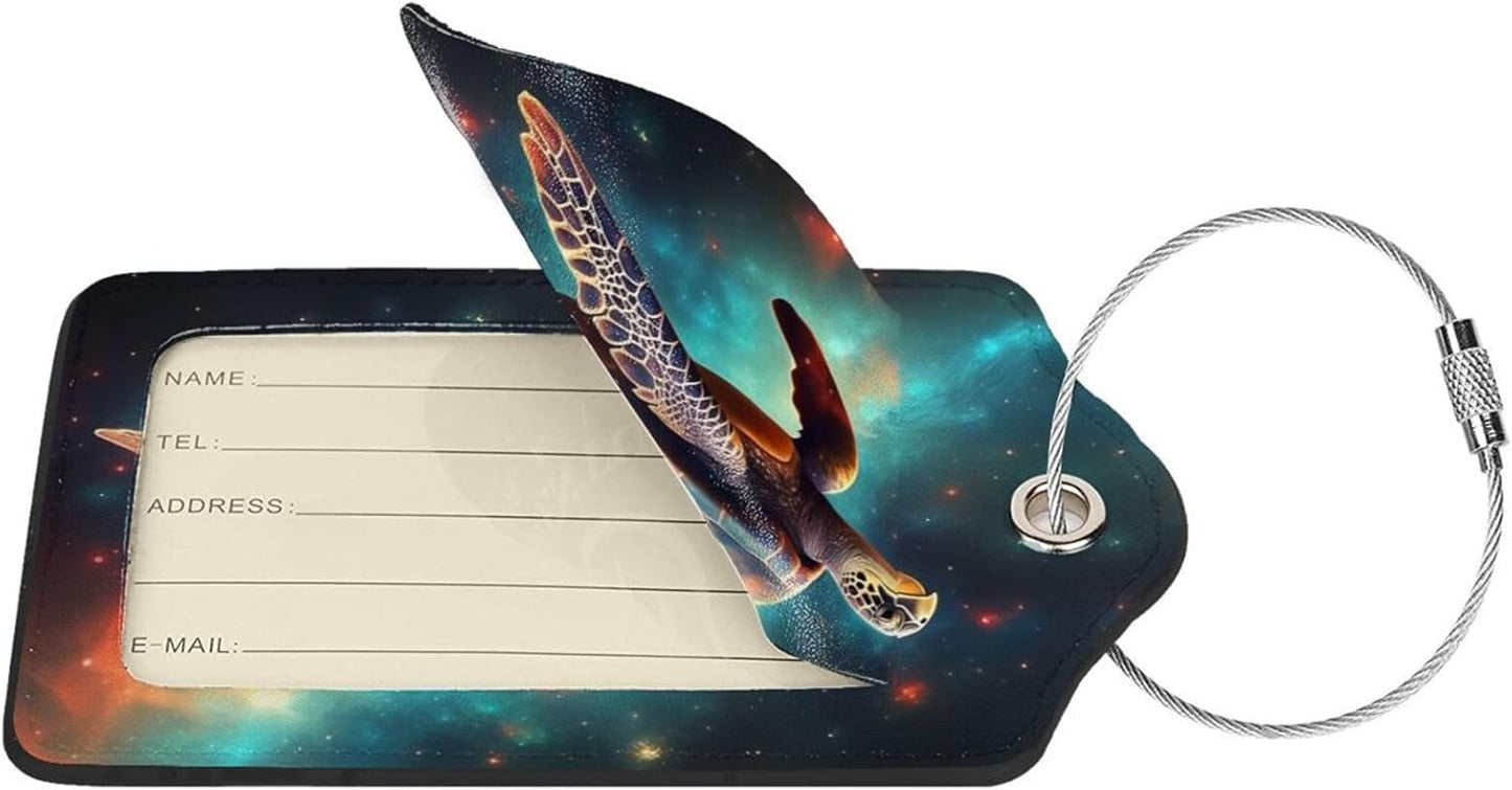 Sea Turtle Leather Luggage Tag with Stainless Steel Ring, Fun Name Id Card Cover Travel Bag Tag Set, Suitable for Travel Bag Luggage Women Men 4 PCS