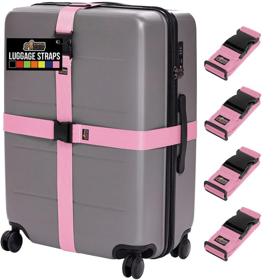 GORILLA GRIP Heavy Duty 4 Pack Adjustable Luggage Straps for Suitcases, Easy to Identify Travel Belt Connector Holds Suitcase Together, Extends Life of Bag, Strap Connects Two Bags, Accessories Pink