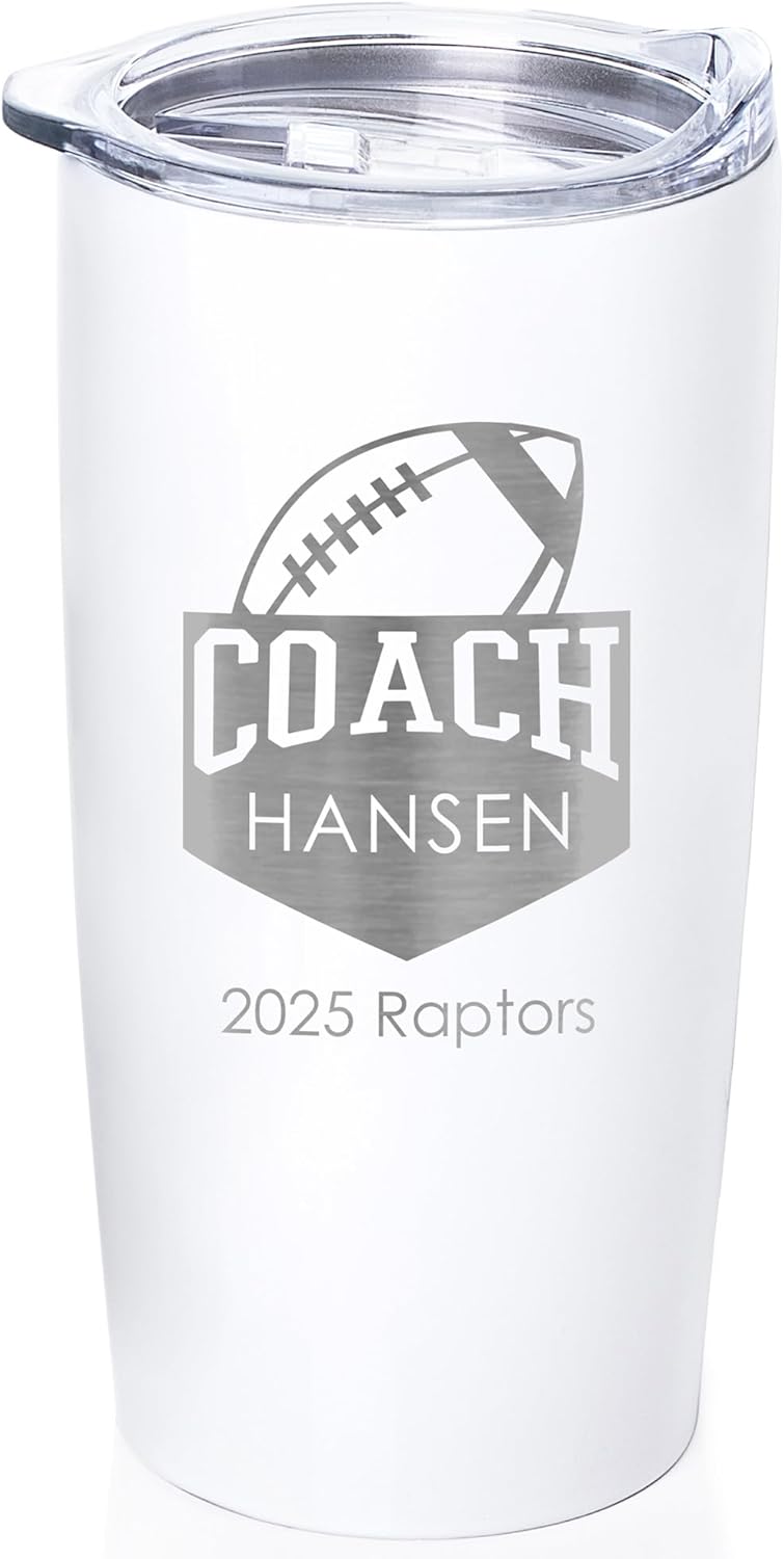 Lifetime Creations Personalized Football Coach Tumbler: Custom Football Coach Gift, Coaches Coffee Travel Mug from Team, Insulated Engraved Stainless Steel 20 Ounce Cup (White)