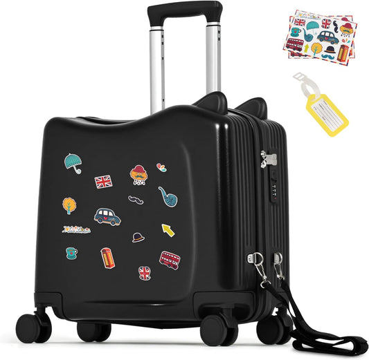 smilesun 20" Ride-On Travel Suitcase for Kids, Cute Ear Toddler Carry on Luggage with Spinner Wheels, Children Rolling Trolly Luggage with Combination Lock (Coal Black with Rope)