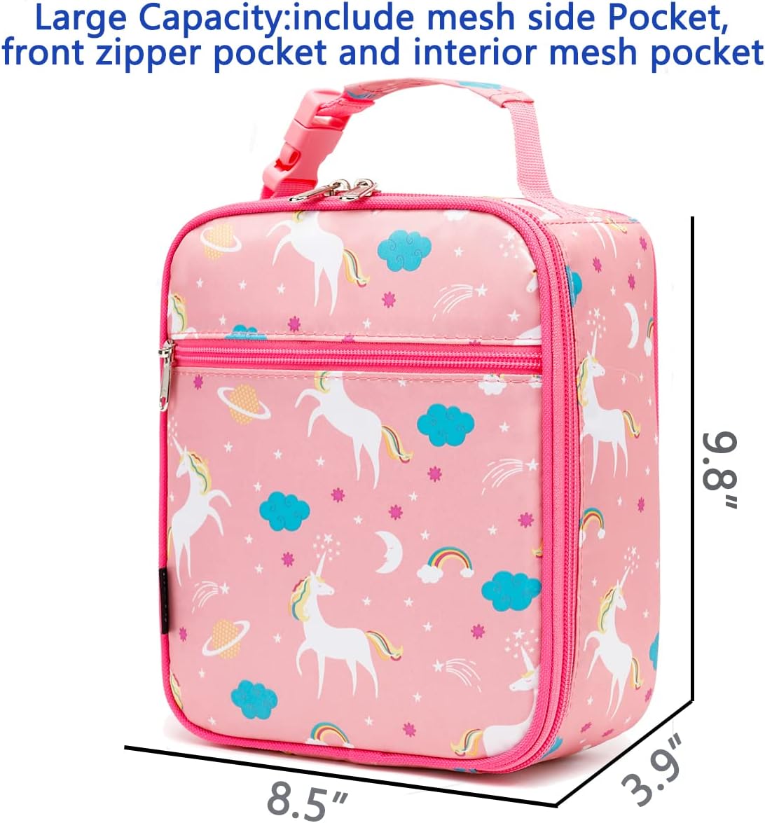 FlowFly Kids Lunch box Insulated Soft Bag Mini Cooler Back to School Thermal Meal Tote Kit for Girls, Boys, Unicorn