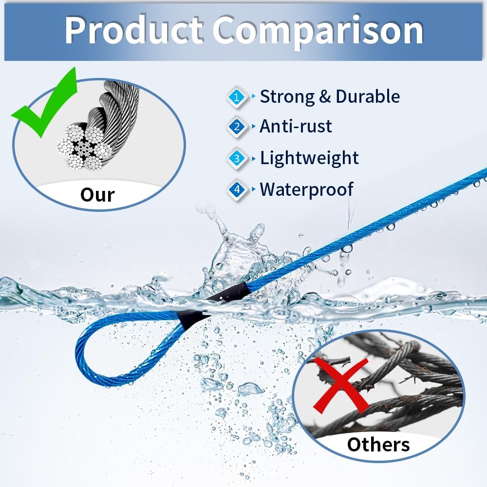 3.3mm (1/8 Inch) Outdoor Travel Stainless Steel Security Cable-6ft Luggage Lock Safety Wire Flexible Steel Wire Rope with Double Loop Safety for Luggage, Bike, Lock(Black+Blue, 6ft-(2Pack)