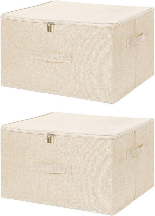 ANMINY 2PCS Storage Bins with Zipper Lids 51.9 Qt Lidded Fabric Storage Boxes Baskets Cubes with Handles Collapsible Washable Cotton Linen Closet Shelf Clothes Organizer - Beige, Extra Large