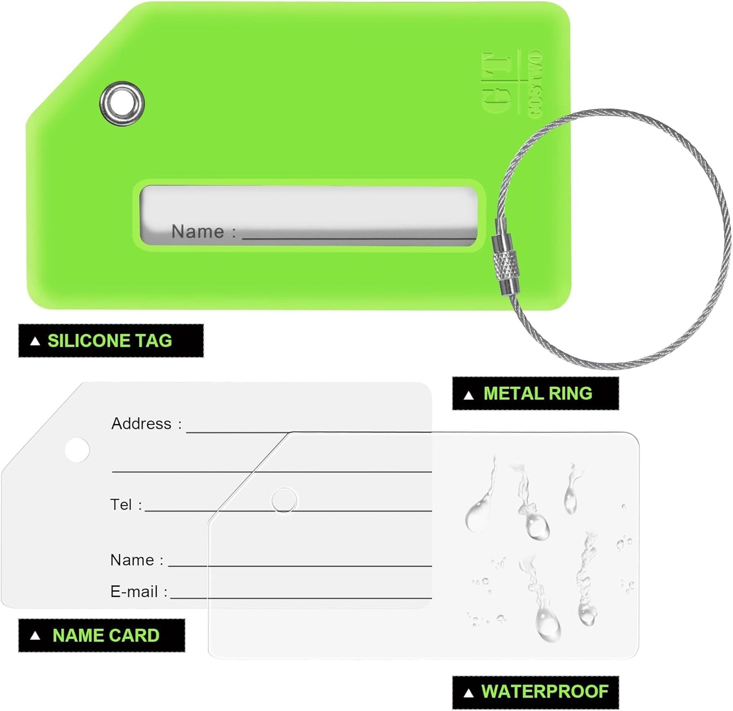 8 Pcs Luggage Tags for Suitcases, 26 Initial Letter Travel Luggage Baggage Identification Labels ID Tags Fully Bendable Tags with Stainless Steel Loop (Letter J, Green)