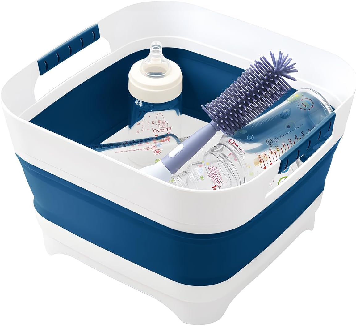 Collapsible Wash Basin for Baby Bottles - 2.4 Gallons Portable Wash Bin for RV Camping Sink, Space-Saving Dish Tub.Laundry & Utility Room Sinks (Navy Blue)