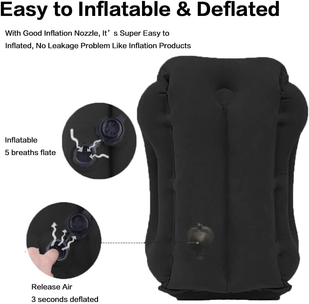 Inflatable Travel Pillow for Airplane, Neck Air Pillow for Sleeping to Avoid Neck and Shoulder Pain, Support Head and Lumbar, Used for Airplane, Car, Bus and Office (Black)