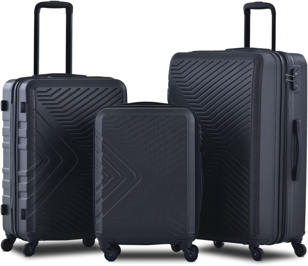 Campfun 3 Piece Luggage Sets, Hardshell ABS Luggage with TSA Lock, Carry On Suitcase Sets Lightweight Durable with 2 Hooks & Spinner Wheels, 20in/24in/28in - Black(C)