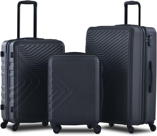 Campfun 3 Piece Luggage Sets, Hardshell ABS Luggage with TSA Lock, Carry On Suitcase Sets Lightweight Durable with 2 Hooks & Spinner Wheels, 20in/24in/28in - Black(C)