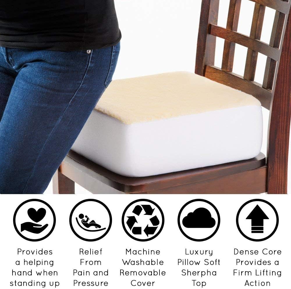 Comfort Finds Rise with Ease Seat Cushion - Thick Firm Chair Cushion Booster - Extra Thick Foam Pad for Home, Patio, Office and Car Seats - Extra Supportive Lift - 14 X 14 X 5 (Sherpa Cream)