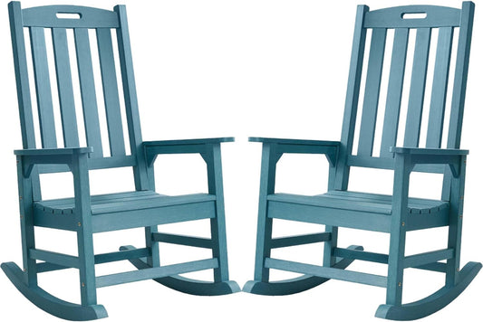 Psilvam Oversized Outdoor Rocking Chair Set of 2, Porch Rocker with 21" Wide Seat and 32" Tall Backrest, Pre-Assembled with Most Components for Effortless Installation (Blue)