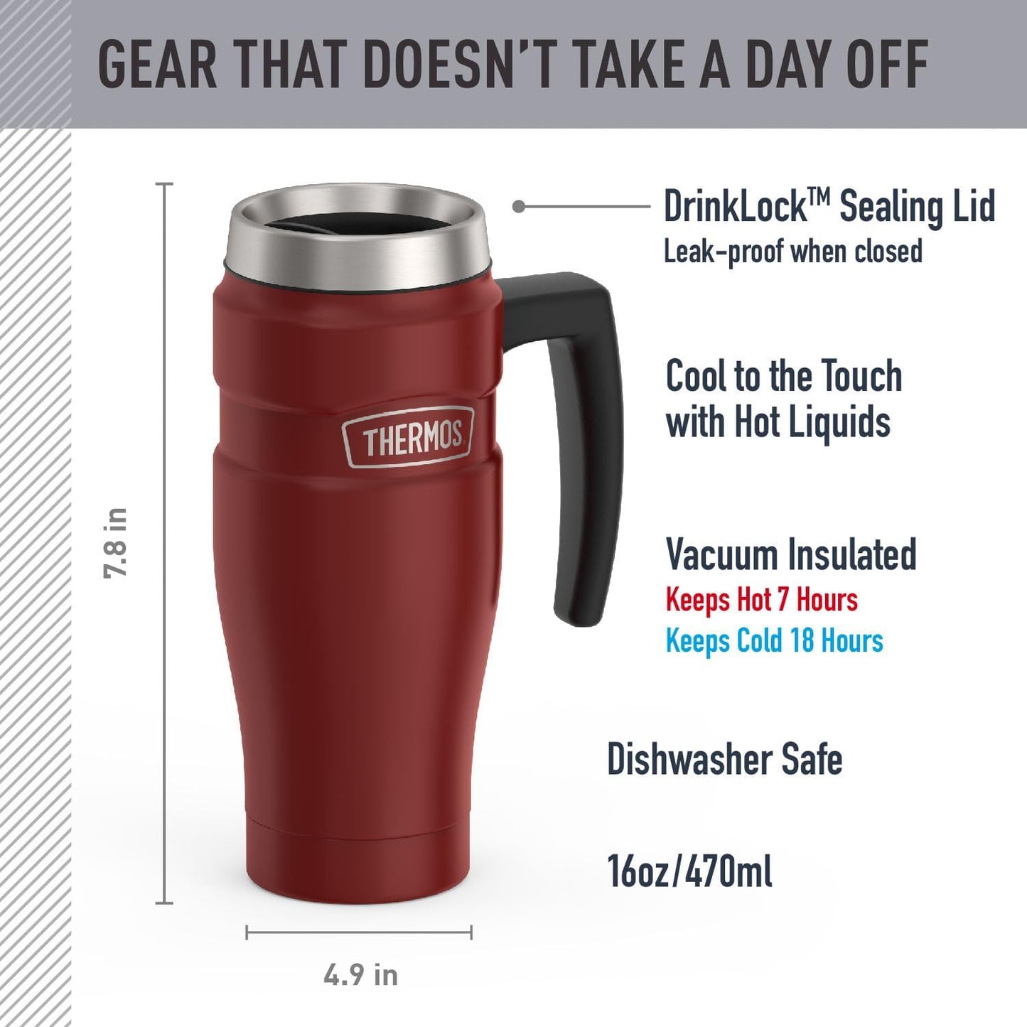 THERMOS Stainless King Vacuum-Insulated Travel Mug, 16 Ounce, Rustic Red