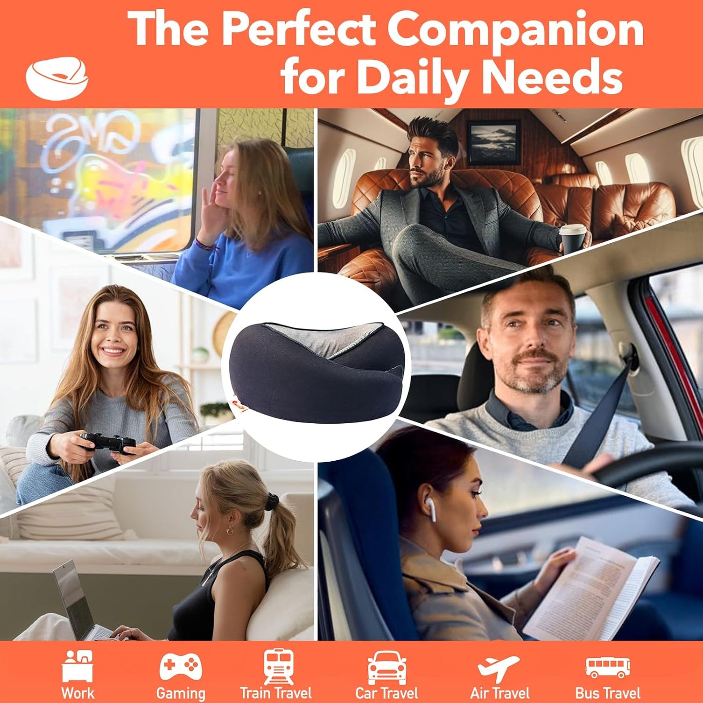 Travel Pillow | High-Density Memory Foam Pillow with 360° Surround Support. Ergonomically Designed. Ideal for Airplane Travel and Home Use.