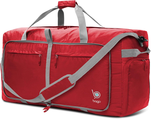 Bago Big XXL Foldable Duffel Bags for Traveling Women & Men - 140L Packable Duffle Bag for Travel with Shoe Compartment - Water Repellant, Heavy Duty, Lightweight Folding & Collapsible (Red)