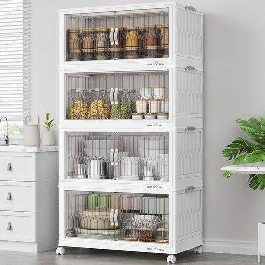 BROVIEW 400Qt Stackable Storage Bins with Lid, Extra Large Closet Organizer Collapsible Drawer Boxes with Wheels, Folding Plastic Cabinet Containers for Home Kitchen Room Organization, 4Pack White
