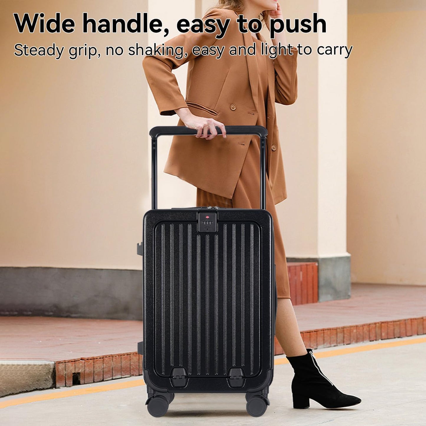 SOKOK Front Pocket Luggage with Spinner Wheels, 24'' Wide Handle Travel Suitcase PC Hardshell Multifunctional Luggage with Charging Port and Cup Holder, Black