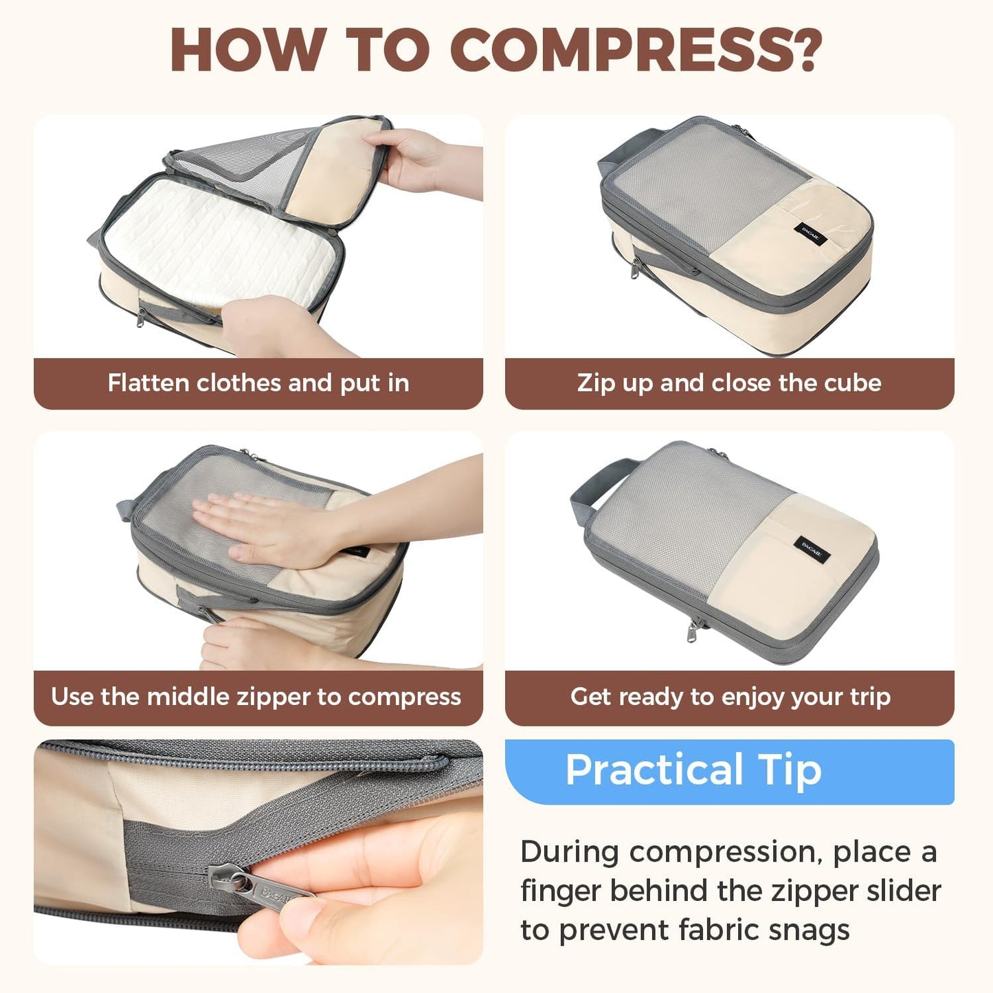 BAGAIL 6 Set/4 Set Lightweight Compression Packing Cubes for Travel, Anti-Tearing Expandable Organizer Bags for Suitcase