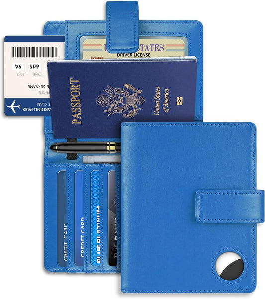 Passport Holder Wallet Cover Case for Women and Men,RFID Blocking,Passport Case with AirTag Holder,Travel Accessories (Blue)
