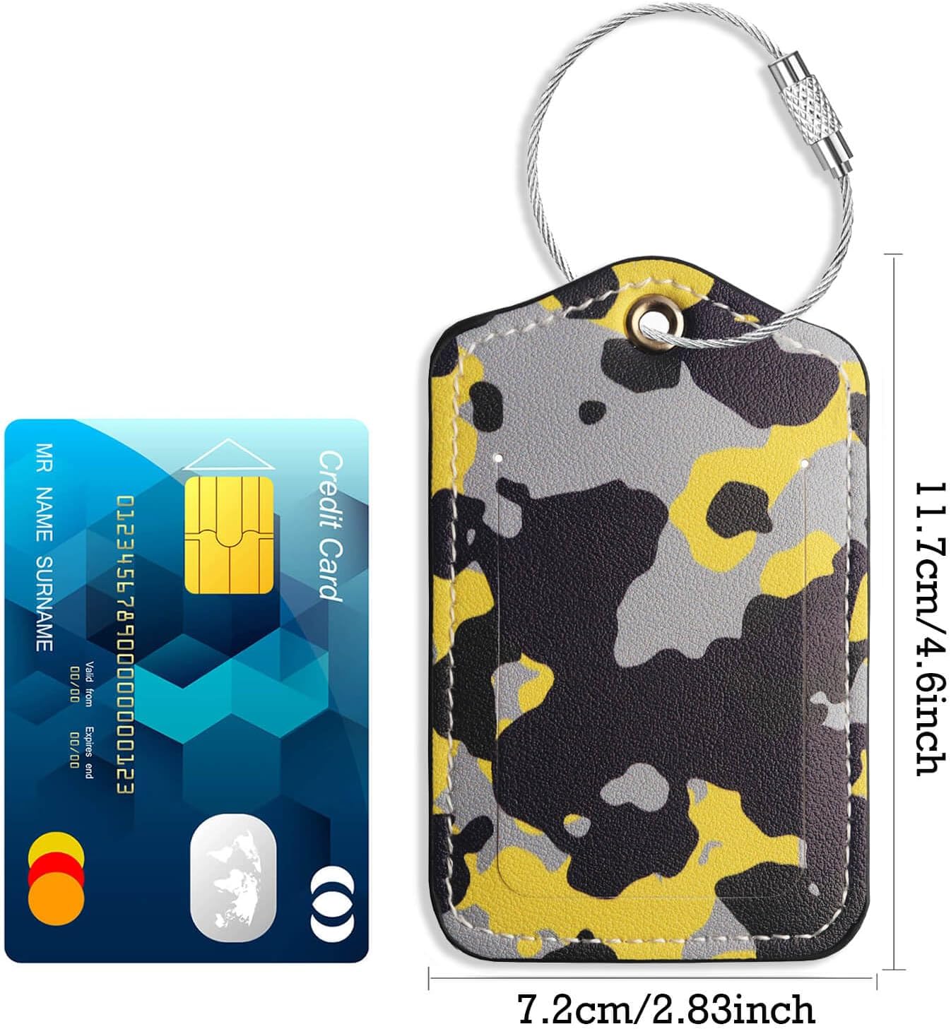Luggage Tags for Suitcases-Leather Luggage Tag 4 Pack with Loops Cute Bag/Backpack/Suitcase Tags Travel Essentials for Flying (Camo-Yellow)