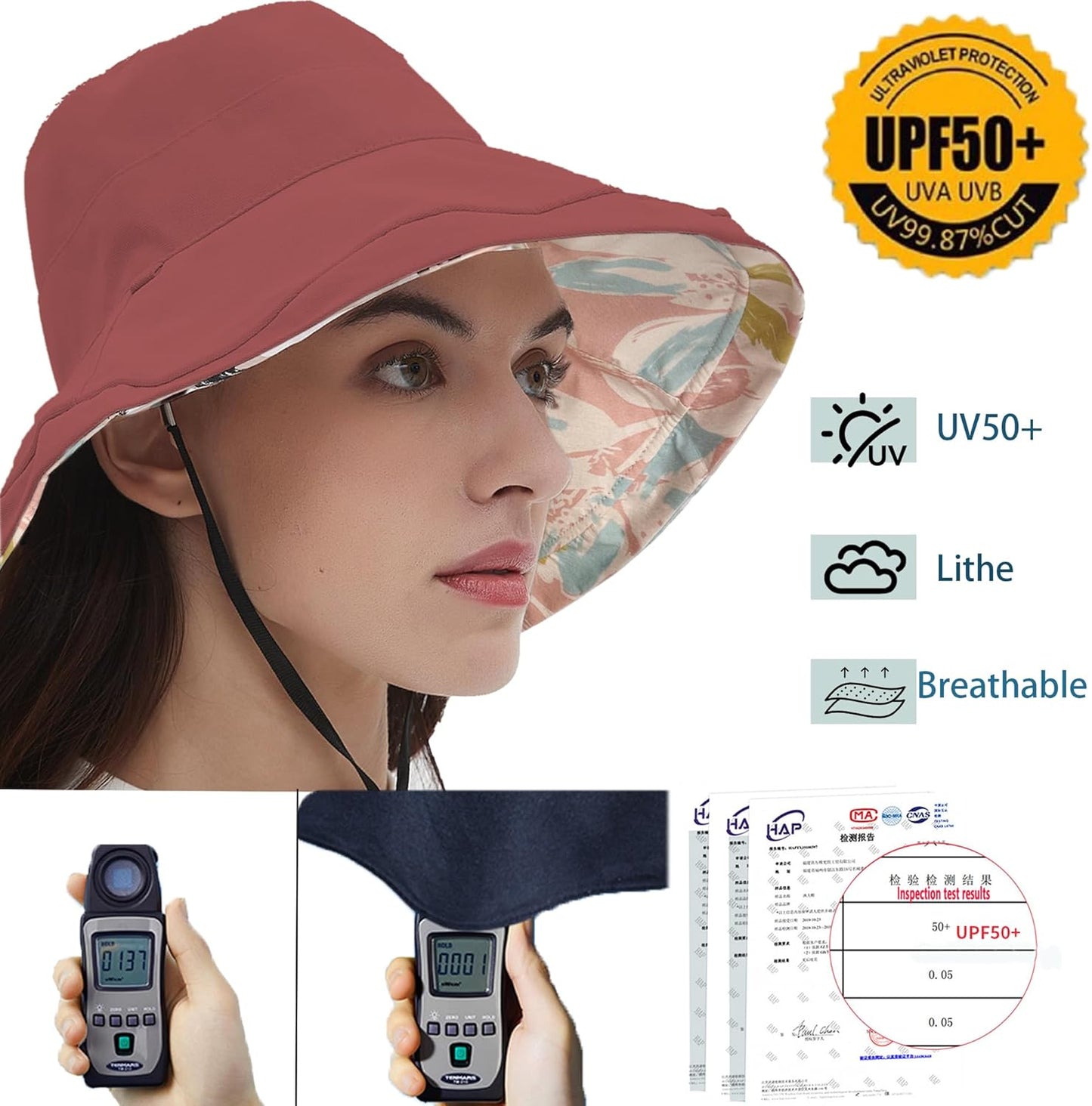 vidsel Womens Sun Hats Wide Brim Reversible Bucket Cotton Hat Packable Summer Travel Cap with Hat Clip,UV Protection