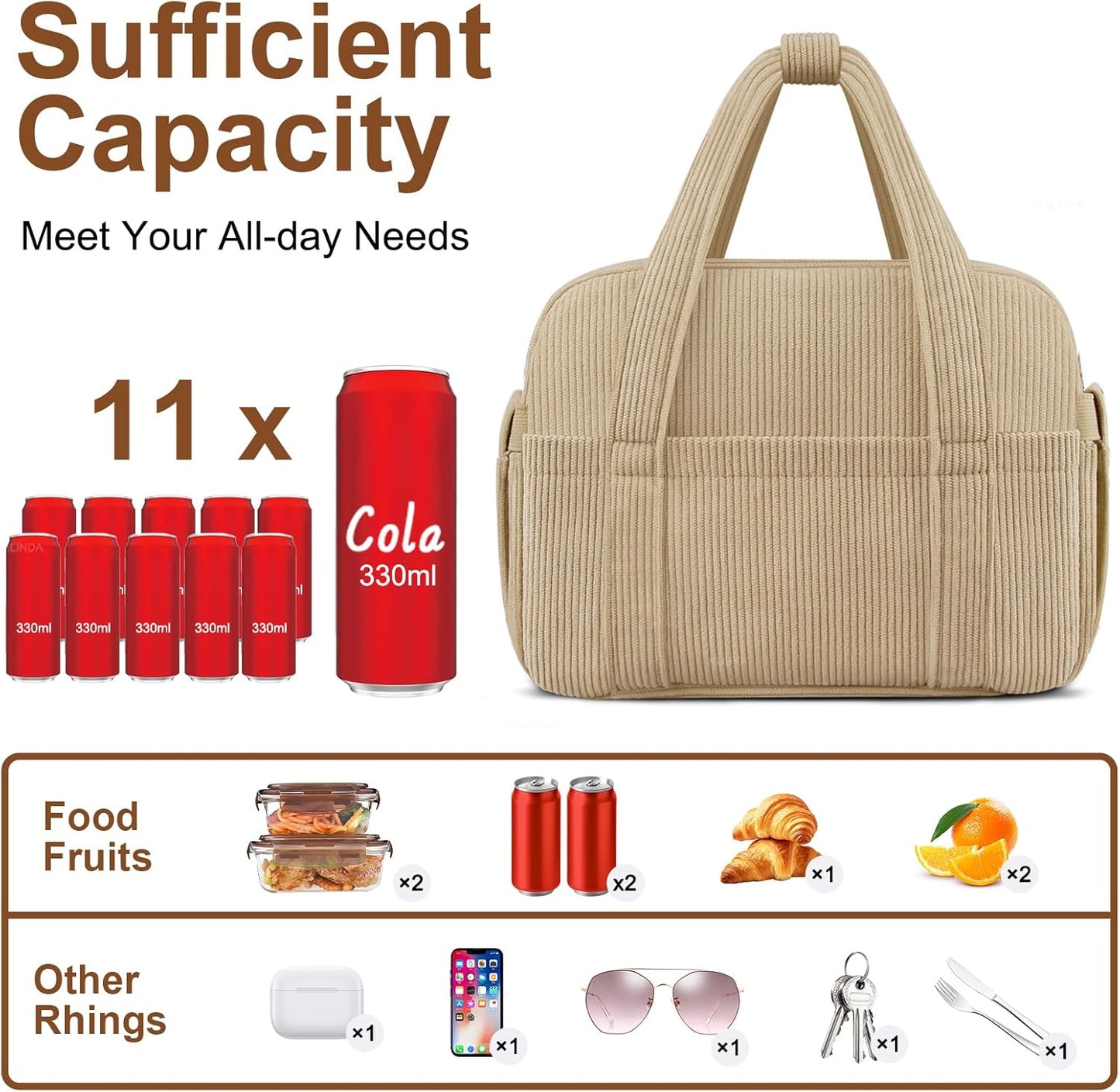Corduroy Lunch Box Lunch Bag for Women Men, Cute Strawberry Small Insulated Reusable Work Leakproof Simple Lunch Boxes Tote Bag Adults Cooler Bag