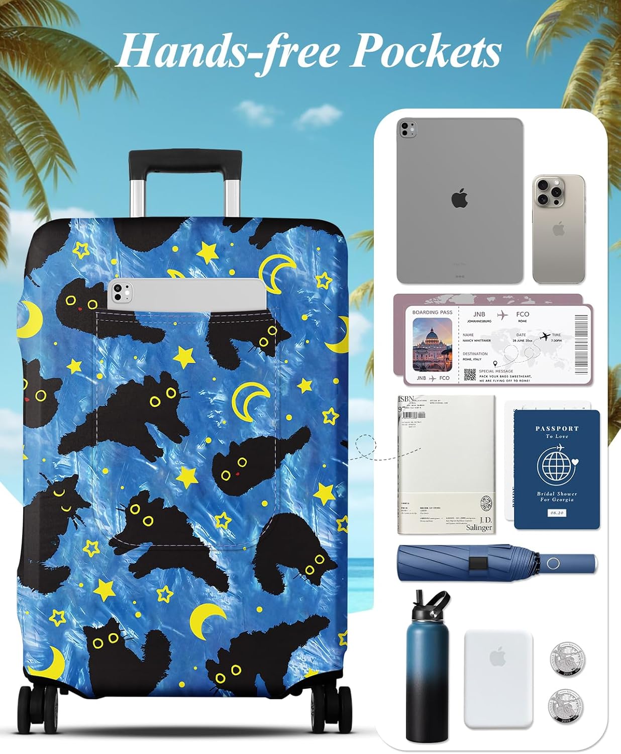 Slohif Luggage Cover for Suitcase Tsa Approved Protector - Luggage Sleeve Large Suit Case Cover Travel Stretch Baggage Case Protective Washable Fit 28-30 Inch Black Cat L