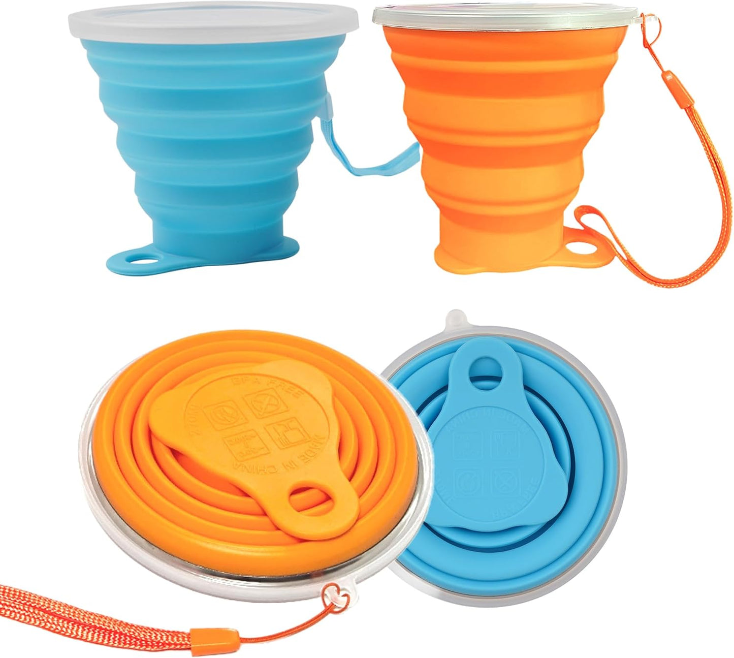 2 Pack Collapsible Silicone Travel Cups with Lids Portable Folding Camping Cups (Blue & Orange)