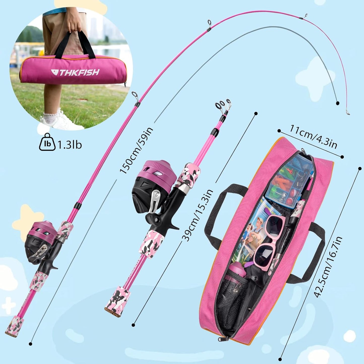 Kids Fishing Pole Set, Telescopic Fishing Rod Reel Combo Kids Starter Kit with Lures Tackle Box, Foldable Stool and Portable Bag for Boys Girls Younth