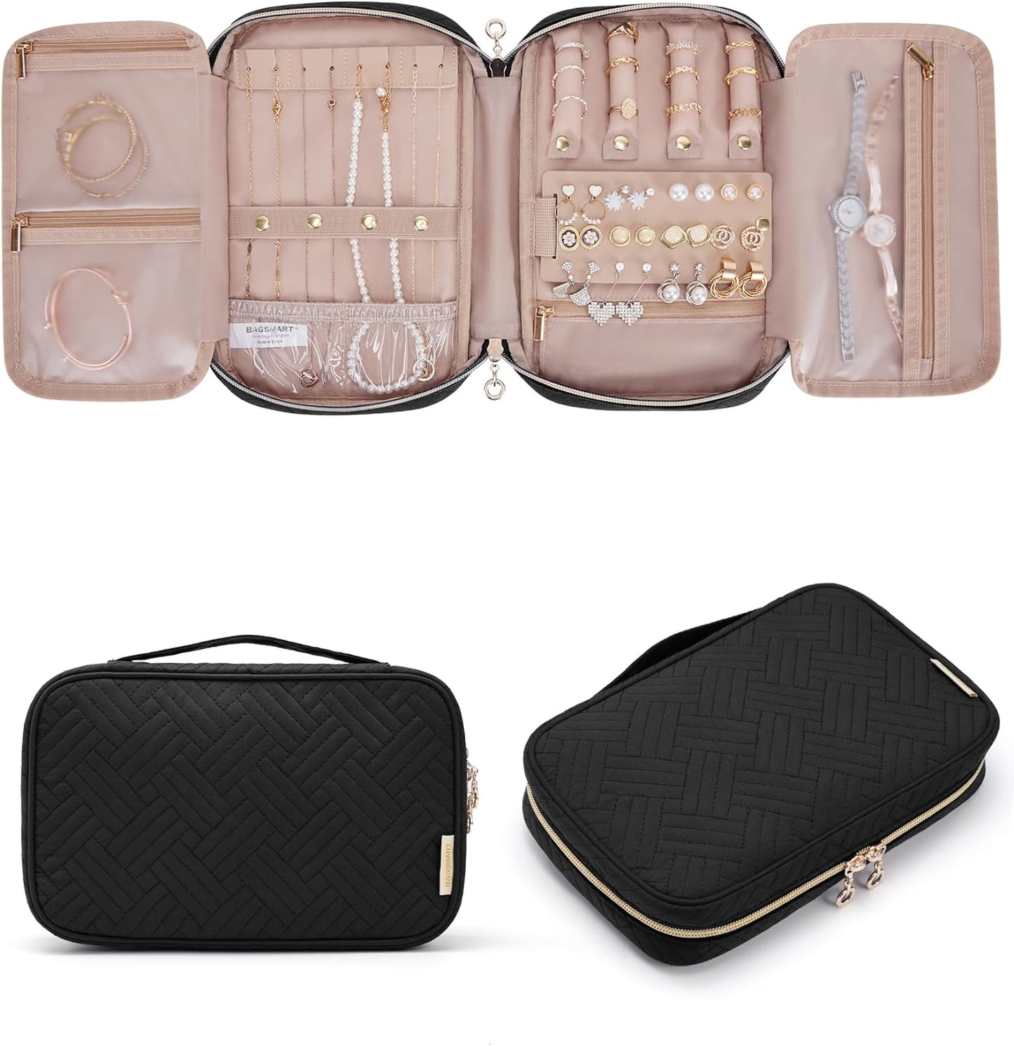 BAGSMART Jewelry Organizer Bag Travel Jewelry Storage Cases for Necklace, Earrings, Rings, Bracelet, Black