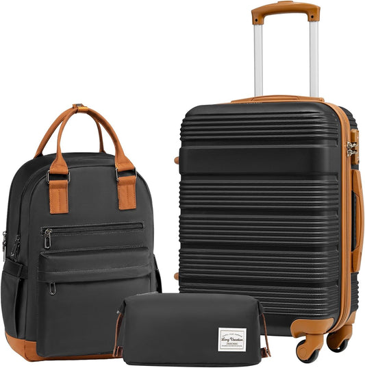 LONG VACATION 3 Piece Carry On Luggage Set with Backpack, 20 Inch Carry Suitcase with Spinner Wheels, ABS+PC Hardshell Suitcase set with TSA Lock & YKK Zipper