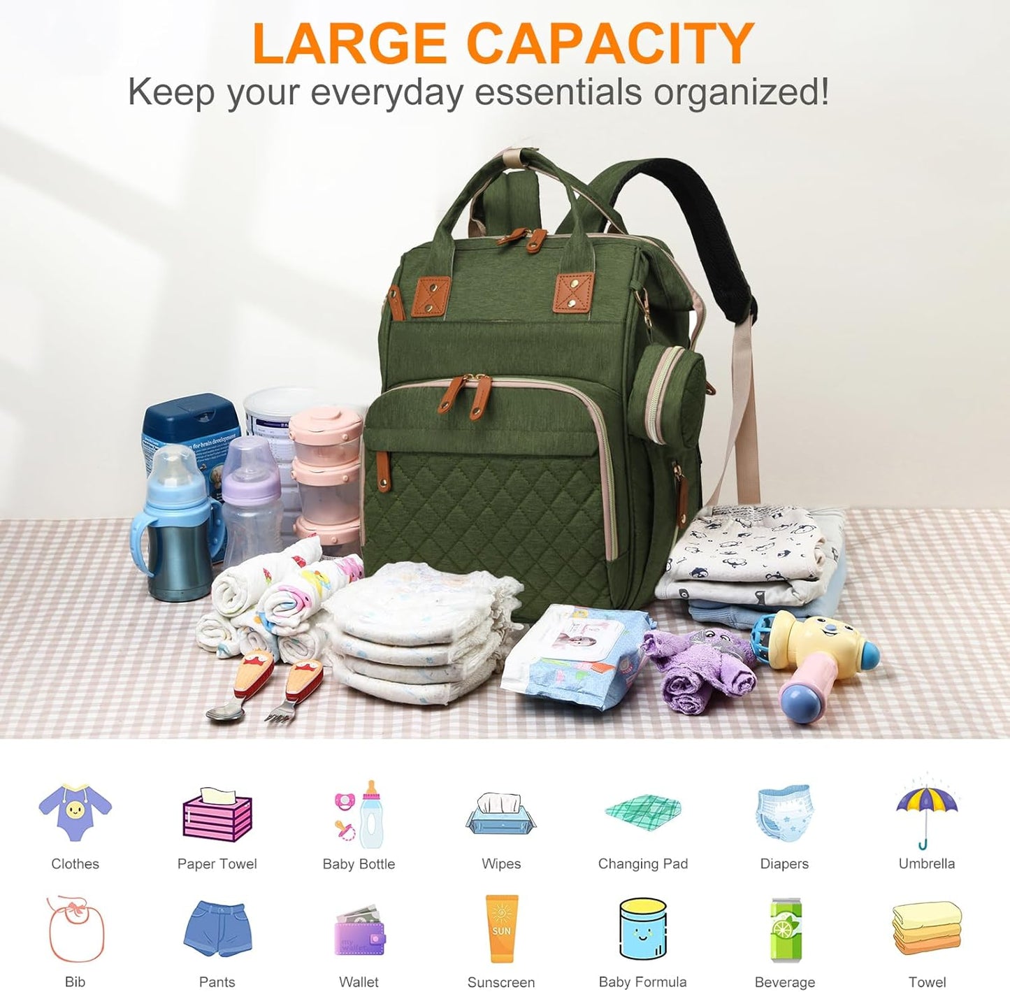 Diaper Bag with Changing Station, Waterproof 3 in 1 Baby Diaper Backpack with Foldable Changing Pad, Large Travel Back Pack for Girl Boy, Green